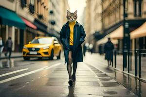 ein Katze tragen ein Maske Spaziergänge Nieder ein Stadt Straße. KI-generiert foto