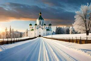 ein schneebedeckt Straße führt zu ein Kirche im das Mitte von ein Feld. KI-generiert foto