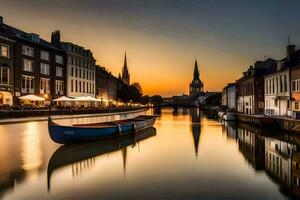 ein Boot ist angedockt auf ein Kanal beim Sonnenuntergang. KI-generiert foto