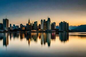 das Stadt Horizont ist reflektiert im das Wasser beim Sonnenuntergang. KI-generiert foto