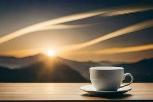 ein Tasse von Kaffee auf ein Tabelle im Vorderseite von Berge. KI-generiert foto