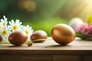 Ostern Eier und Gänseblümchen auf ein hölzern Tisch. KI-generiert foto