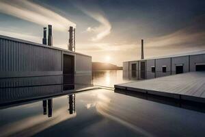 ein Fabrik mit ein groß Wasser Körper und ein Fabrik Gebäude. KI-generiert foto