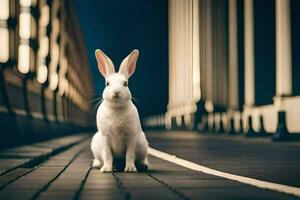 ein Weiß Hase Sitzung auf ein Backstein Gehweg. KI-generiert foto