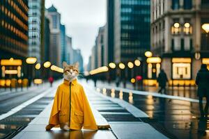 ein Katze im ein Gelb Regenjacke Stehen auf ein Stadt Straße. KI-generiert foto