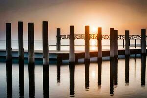 ein Seebrücke mit hölzern Beiträge im das Wasser beim Sonnenuntergang. KI-generiert foto