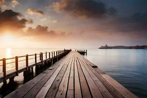 ein hölzern Seebrücke erstreckt sich aus in das Ozean beim Sonnenuntergang. KI-generiert foto