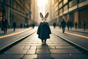 ein Hase im ein Mantel steht auf ein Straße. KI-generiert foto
