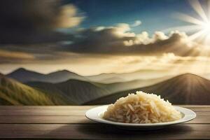 Reis im ein Teller auf ein hölzern Tisch. KI-generiert foto