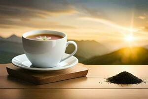 ein Tasse von Tee auf ein hölzern Tabelle mit Berge im das Hintergrund. KI-generiert foto