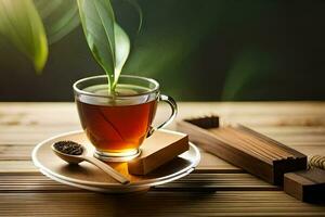 ein Tasse von Tee mit ein Blatt auf das Tisch. KI-generiert foto