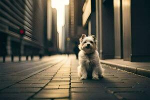 ein klein Weiß Hund Sitzung auf das Straße im ein Stadt. KI-generiert foto