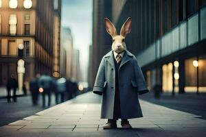 ein Hase tragen ein Mantel und Krawatte Stehen auf ein Stadt Straße. KI-generiert foto