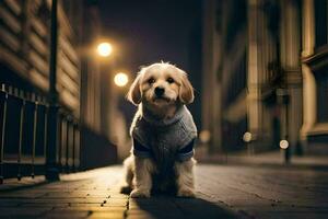 ein Hund im ein Sweatshirt Sitzung auf das Straße beim Nacht. KI-generiert foto