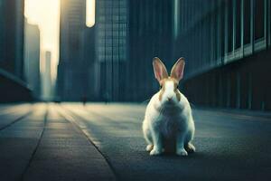 ein Hase ist Sitzung auf das Straße im Vorderseite von hoch Gebäude. KI-generiert foto