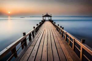 ein hölzern Seebrücke mit ein Pavillon beim Sonnenuntergang. KI-generiert foto