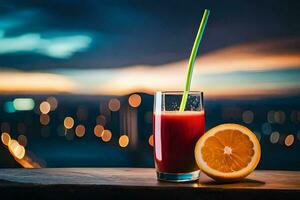 ein Glas von Saft mit ein Orange Scheibe auf ein Tisch. KI-generiert foto