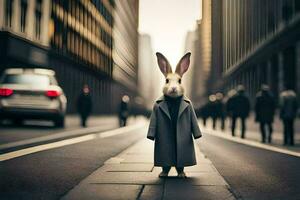 ein Hase tragen ein Mantel und Krawatte Stehen im das Mitte von ein Stadt Straße. KI-generiert foto