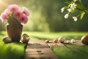 ein Vase mit Blumen und Eier auf ein grasig Tisch. KI-generiert foto