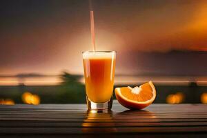 ein Orange Saft mit ein Stroh und ein Scheibe von orange. KI-generiert foto