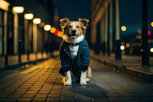 ein Hund tragen ein Jacke sitzt auf das Straße beim Nacht. KI-generiert foto