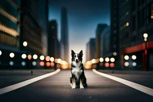 ein Hund Sitzung auf das Straße im ein Stadt beim Nacht. KI-generiert foto