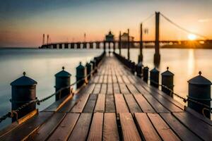 ein hölzern Seebrücke mit ein Brücke Über das Wasser beim Sonnenuntergang. KI-generiert foto