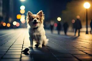 ein Hund ist Stehen auf ein Straße beim Nacht. KI-generiert foto