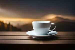 ein Tasse von Kaffee auf ein hölzern Tabelle mit Berge im das Hintergrund. KI-generiert foto