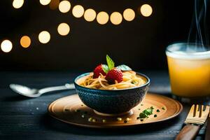 ein Teller von Pasta mit ein Erdbeere und ein Glas von Orange Saft. KI-generiert foto