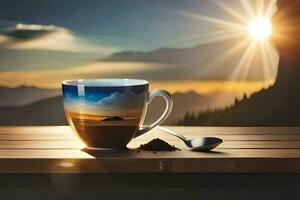 ein Tasse von Kaffee auf ein Tabelle mit ein Berg im das Hintergrund. KI-generiert foto