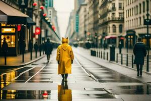 ein Person im ein Gelb Regenjacke Gehen Nieder ein Stadt Straße. KI-generiert foto