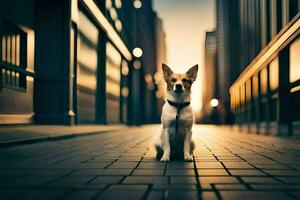 ein Hund Sitzung auf das Straße im das Stadt. KI-generiert foto