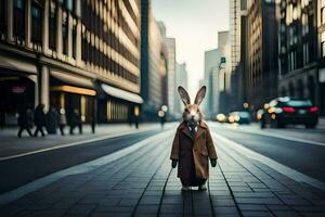 ein Hase im ein Mantel Gehen Nieder ein Stadt Straße. KI-generiert foto