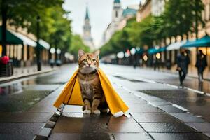 ein Katze tragen ein Gelb Kap auf ein regnerisch Straße. KI-generiert foto