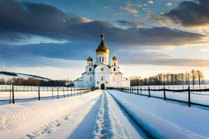 ein Kirche im das Schnee mit ein Straße führen zu Es. KI-generiert foto