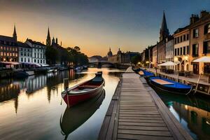 Boote sind angedockt auf das Wasser im ein Stadt. KI-generiert foto