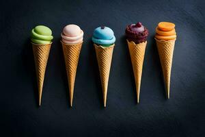fünf Eis Sahne Zapfen mit anders Farben auf ein schwarz Hintergrund. KI-generiert foto