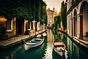 Gondeln sind angedockt im ein Kanal im Venedig. KI-generiert foto