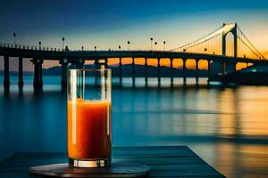 ein Glas von Orange Saft auf ein Tabelle im Vorderseite von ein Brücke. KI-generiert foto