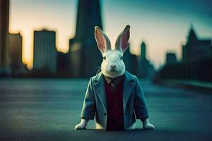 ein Hase tragen ein passen und Krawatte im Vorderseite von ein Stadt. KI-generiert foto