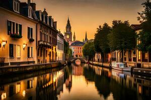 ein Kanal im ein Stadt beim Sonnenuntergang. KI-generiert foto