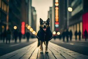 ein Hund Stehen auf ein Straße im das Stadt. KI-generiert foto