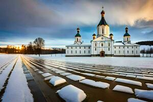 ein Kirche im das Schnee mit Schnee auf das Boden. KI-generiert foto