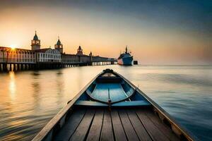 ein Boot ist angedockt beim das Seebrücke beim Sonnenuntergang. KI-generiert foto
