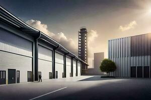 ein industriell Gebäude mit ein groß Garage Tür. KI-generiert foto