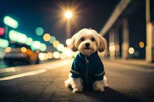 ein klein Hund im ein Blau Jacke Sitzung auf das Straße beim Nacht. KI-generiert foto