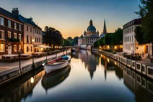 ein Boot ist angedockt im ein Kanal beim Sonnenuntergang. KI-generiert foto