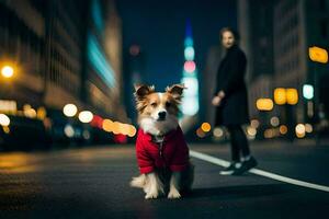 ein Hund tragen ein rot Jacke Stehen auf das Straße beim Nacht. KI-generiert foto