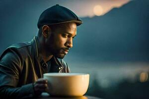 ein Mann im ein Hut und Jacke Sitzung beim ein Tabelle mit ein Tasse von Kaffee. KI-generiert foto